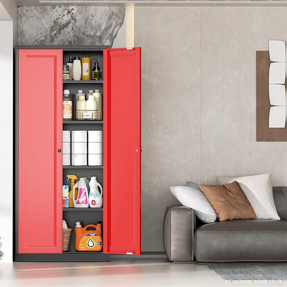 INTERGRAET Kitchen Pantry Cabinet, 63" Tall Metal Pantry Storage Cabinets with 2 Doors and 4 Shelves, Metal Storage Cabinet,Cupboard for Home,Kitchen,Living Room/Dining, Black Red