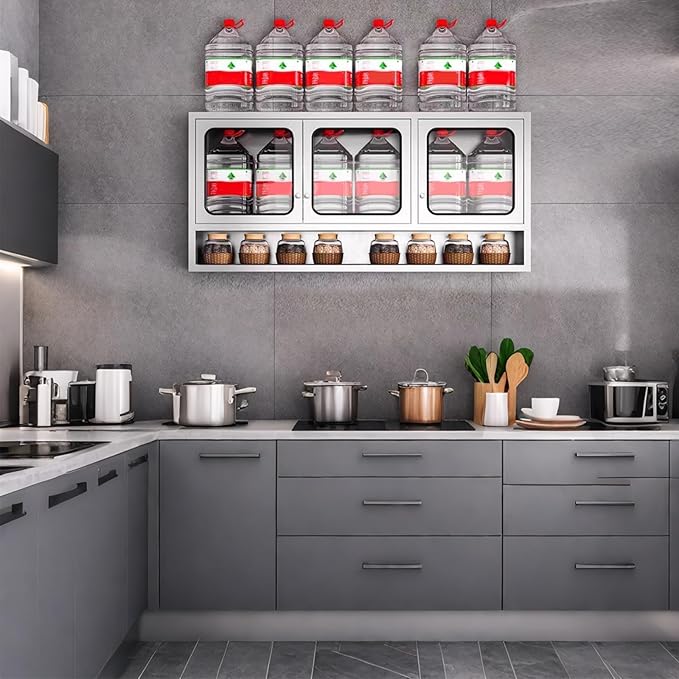 ZZV Kitchen Wall Cabinet, Stainless Steel Wall Mounted Cabinet with Adjustable Shelves, Industrial Wall Storage Cabinet for Garage, Warehouse, Commercial Kitchen, 8.66D x 45W x 27.56H in