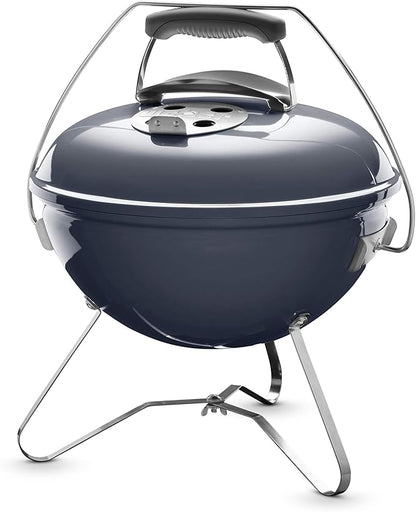 Weber Smokey Joe Premium Charcoal Grill Barbeque, 37cm | Portable BBQ Grill with Tuck-N-Carry Lid Cover & Plated Steel Legs | Folding Outdoor Cooker | Porcelain-Enamelled Bowl - Slate Blue (1126804)