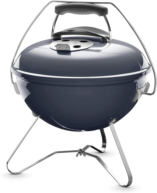 Weber Smokey Joe Premium Charcoal Grill Barbeque, 37cm | Portable BBQ Grill with Tuck-N-Carry Lid Cover & Plated Steel Legs | Folding Outdoor Cooker | Porcelain-Enamelled Bowl - Slate Blue (1126804)
