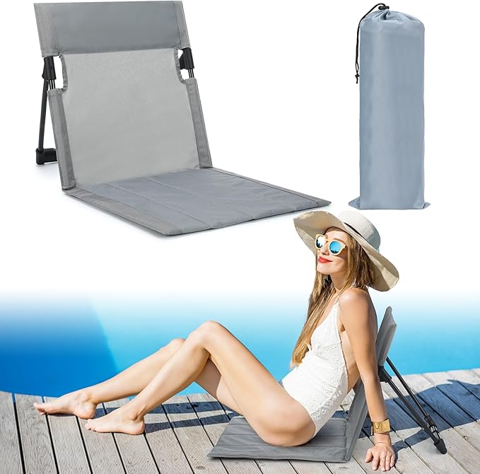 Karenhi 1 Pcs Foldable Poolside Beach Chairs for Edge of Pool Portable Beach Chairs Folding Pool Seats with Back Support Carry Bag for Adults Traveling Camping Picnic Lawn (Light Gray)
