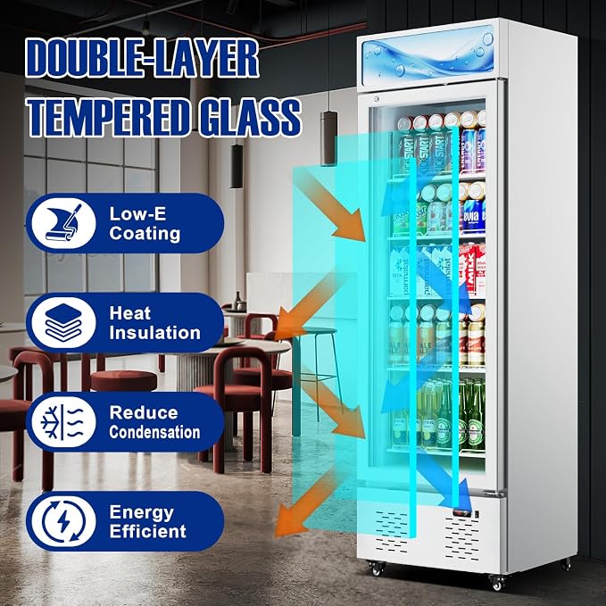 22.8'' W Commercial Beverage Refrigerator, 11 Cu.Ft Glass Door Drink Cooler with Soft Light and 5 Shelves, Display Refrigerator for Restaurant Store Cafe Bar, White