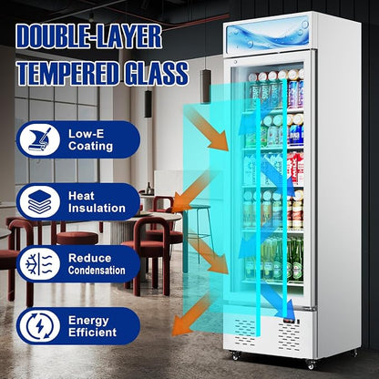 22.8'' W Commercial Beverage Refrigerator, 11 Cu.Ft Glass Door Drink Cooler with Soft Light and 5 Shelves, Display Refrigerator for Restaurant Store Cafe Bar, White