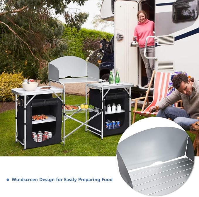 Giantex Camping Kitchen Station, Folding Grill Table with 26'' Tabletop, 2 Side Tables, Storage Organizer, Detachable Windscreen, Portable Camp Cook Outdoor Prep Station Backyard BBQ Picnic (Black)