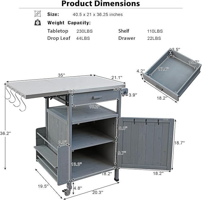 40.5" Outdoor Grill Cart with Stainless Steel Top, Solid Wood Storage Cabinet with Drop Leaf, One Drawer, Towel Rack, Rolling Kitchen Cart with Lockable Wheels for Lawn Garden