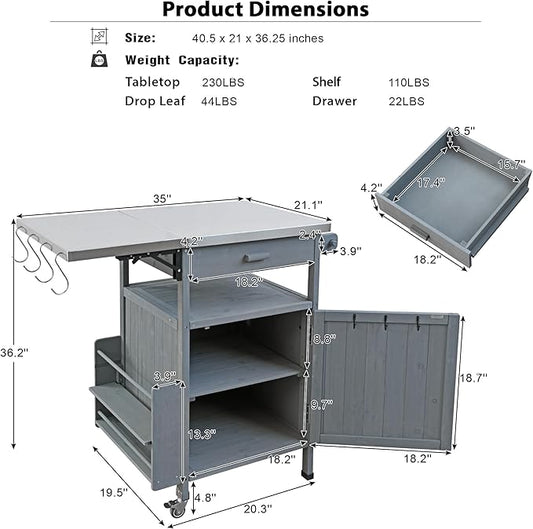 40.5" Outdoor Grill Cart with Stainless Steel Top, Solid Wood Storage Cabinet with Drop Leaf, One Drawer, Towel Rack, Rolling Kitchen Cart with Lockable Wheels for Lawn Garden