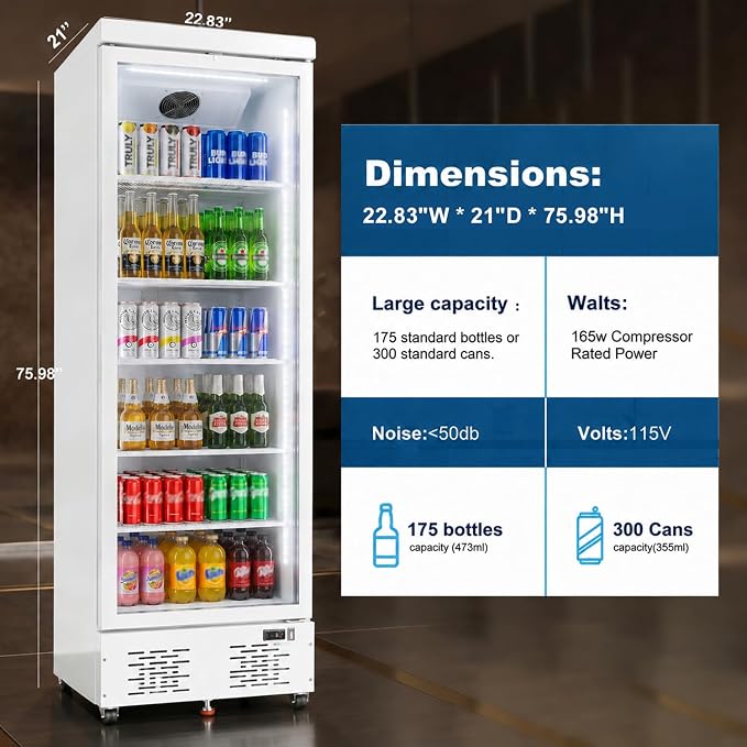 Commercial Beverage Refrigerator with Glass Door, 11 Cu.Ft Upright Display Fridge Commercial Cooler, Merchandiser Drink Refrigerator with Soft LED Light, Romovable Shelves for Restaurant Stores