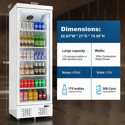Commercial Beverage Refrigerator with Glass Door, 11 Cu.Ft Upright Display Fridge Commercial Cooler, Merchandiser Drink Refrigerator with Soft LED Light, Romovable Shelves for Restaurant Stores