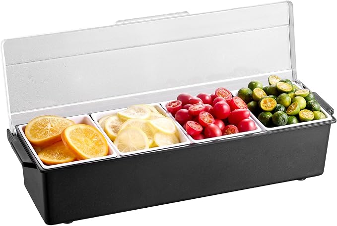 VEVOR Chilled Condiment Server, 4 Compartment Ice Cooled Condiment Serving Container, Chilled Garnish Tray Bar Caddy with Lid, for Bartending & Serving Taco, Salad, Fruit, Home & Restaurant Supplies
