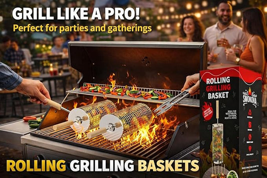 Rolling Grill Basket for Veggies (2 PCS) | 304 Stainless Steel Grill Baskets for Outdoor Grill with Removable Wooden Handle | BBQ Baskets for Grilling | Vegetable Grill Basket