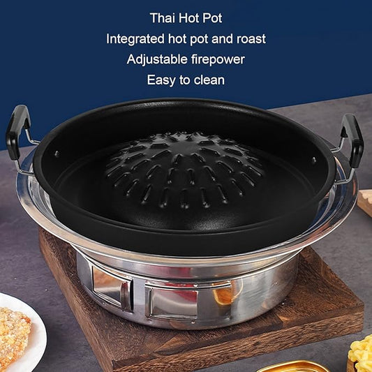 Asixxsix Thai Korean BBQ Grill Pan, Aluminum BBQ Grill Topper, 2 in 1 Non Stick Smoke Steak Grill Charcoal Pan Pork Hot Pot, Even Heating Barbecue Grill Plates, Camping BBQ Pan (30cm/11.81in Black)
