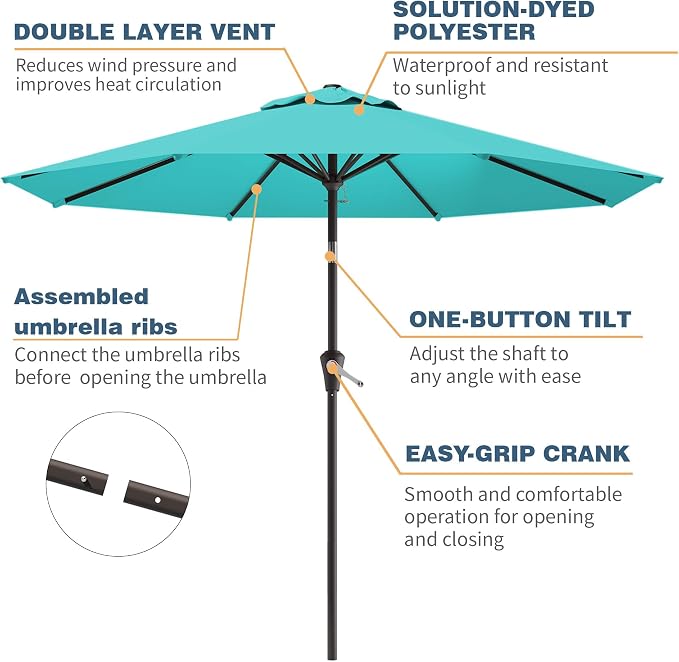 10FT Patio Umbrella, Outdoor Umbrella with Push Button Tilt and Crank, 8 Sturdy Ribs, UV Protection & Waterproof Market Umbrella for Pool, Backyard, Beach,Deck