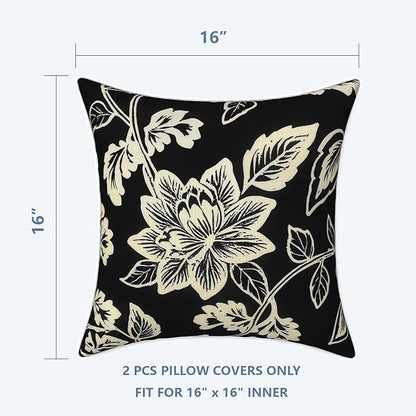 LVTXIII Outdoor Throw Pillow Covers Set of 2, Patio Waterproof Pillow Cases Fade Resistant Accent Pillow Covers for Home and Garden Furniture Decoration, 16x16, Elegant Vines Black