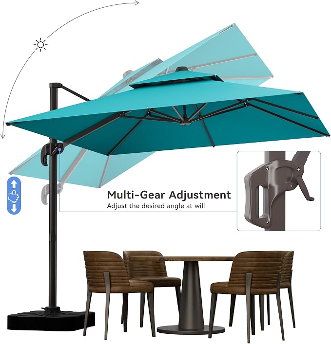 10x10FT Cantilever Outdoor Patio Umbrellas，Double Top Large Square Umbrella Heavy Duty 360°Rotation Offset Outdoor Sun Shade Umbrella for Garden Deck Pool Backyard Patio, Turquoise