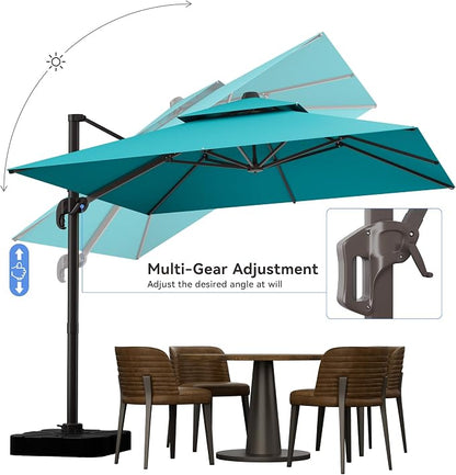 10x10FT Cantilever Outdoor Patio Umbrellas，Double Top Large Square Umbrella Heavy Duty 360°Rotation Offset Outdoor Sun Shade Umbrella for Garden Deck Pool Backyard Patio, Turquoise