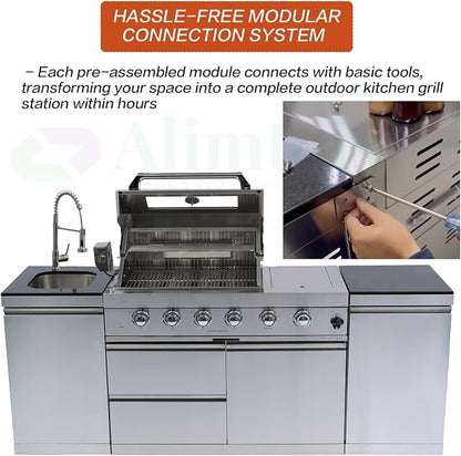 BBQ Island Outdoor Kitchen: 84-Inch 4-Burner 72000 BTU Modular Outdoor Kitchen with Grill + Sink + Storage Cabinet & Rotisserie Kit - BBQ Grill Islands Built-in Combo