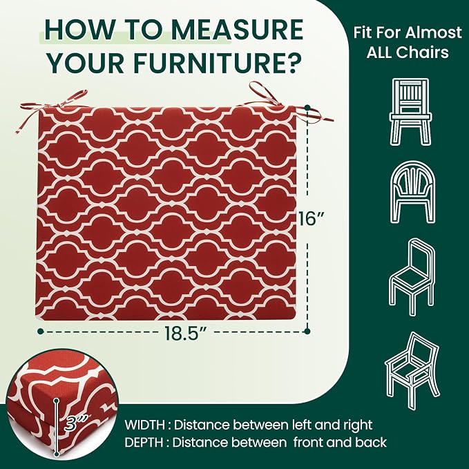 HARBOREST Outdoor Chair Cushions Set of 4, Water Resistant Patio Chair Cushions with Ties, Square Corner Outdoor Seat Cushions for Patio Furniture, 18.5"x16"x3", Wine Red Geometry