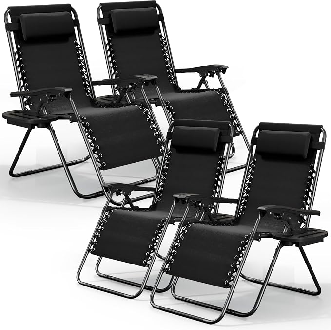 Nestl Zero Gravity Chairs Set of 4, Patio Lounge Chair Outdoor with Pillows & Cup Holder Trays, Adjustable Steel Mesh Reclining Camping Chair, Folding Patio Lawn Chair for Deck, Beach, Yard - Black