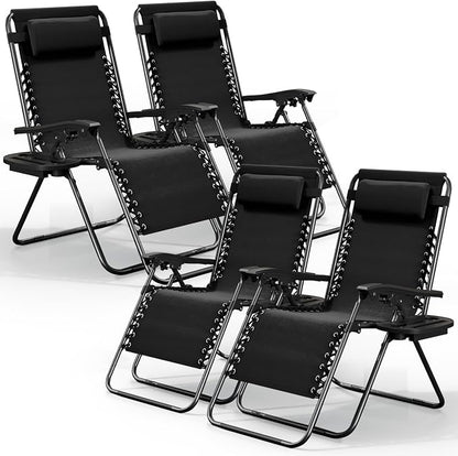Nestl Zero Gravity Chairs Set of 4, Patio Lounge Chair Outdoor with Pillows & Cup Holder Trays, Adjustable Steel Mesh Reclining Camping Chair, Folding Patio Lawn Chair for Deck, Beach, Yard - Black