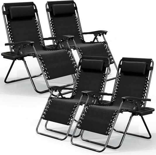 Nestl Zero Gravity Chairs Set of 4, Patio Lounge Chair Outdoor with Pillows & Cup Holder Trays, Adjustable Steel Mesh Reclining Camping Chair, Folding Patio Lawn Chair for Deck, Beach, Yard - Black