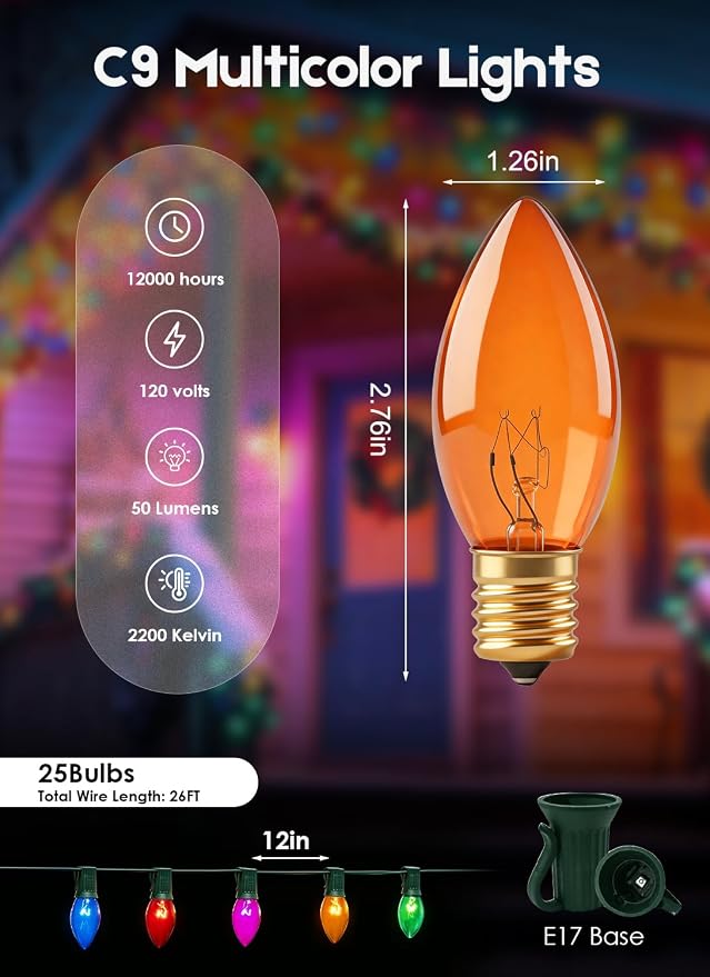 Formosa 26FT Upgraded Version C9 Christmas String Lights, Waterproof Clrar Multicolor String Lights for Indoor and Outdoor Use, for Xmas Tree, Patio, Holiday Party Decor, UL Listed, Commercial Grade