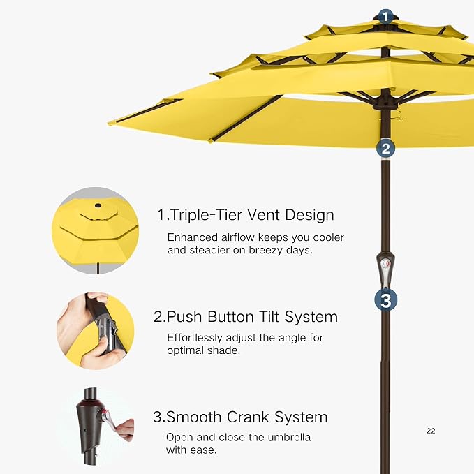 Kingdura 9ft 3-Tier Patio Umbrella, Outdoor Table Umbrella with Easy Crank & Tilt, 8 Reinforced Ribs, UV Protection for Deck, Pool, Market, Backyard (Yellow)