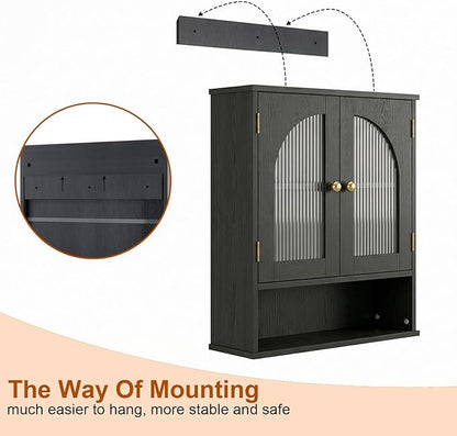 Bathroom Wall Cabinet, Over Toilet Storage Cabinet, Wall Mounted Medicine Cabinet with Arched Glass Doors & Adjustable Shelves, Bathroom Storage Cabinet with Open Storage Shelf, Black
