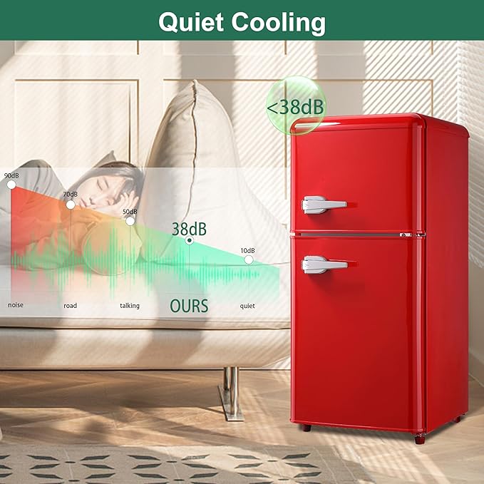 Retro Fridge with Freezer, 3.5 Cu. Ft. Mini Fridge Red | Small Refrigerator with 7-Level Adjustable Thermostat, Retro Compact Refrigerator 2-Door Fridges for Apartment/Dorm/Office/RV