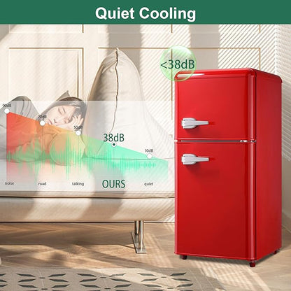 Retro Fridge with Freezer, 3.5 Cu. Ft. Mini Fridge Red | Small Refrigerator with 7-Level Adjustable Thermostat, Retro Compact Refrigerator 2-Door Fridges for Apartment/Dorm/Office/RV