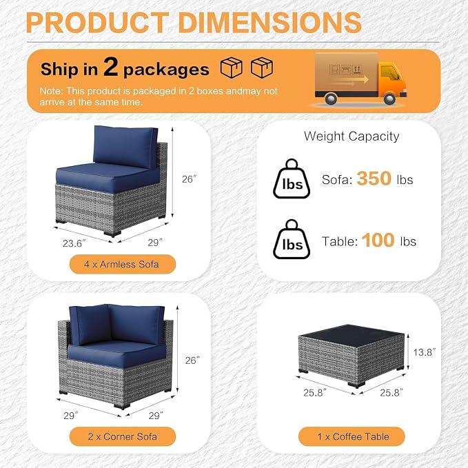 MOCHITO 5 Pieces Outdoor Patio Furniture Sets, All-Weather Sectional Sofa Grey PE Rattan Wicker Conversation Set with Glass Table and Washable Blue Cushions for Backyard,Sunroom,Garden,Porch