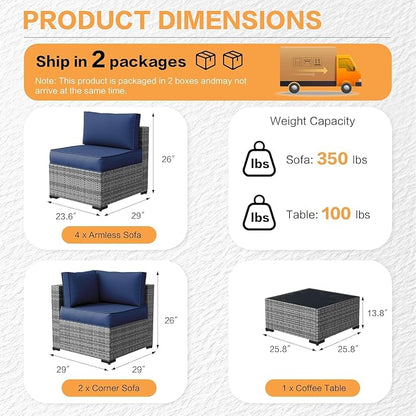 MOCHITO 5 Pieces Outdoor Patio Furniture Sets, All-Weather Sectional Sofa Grey PE Rattan Wicker Conversation Set with Glass Table and Washable Blue Cushions for Backyard,Sunroom,Garden,Porch
