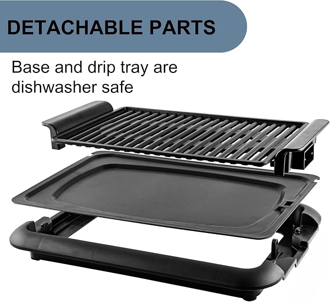 OVENTE Electric Indoor Grill, 15x10 Inch Non-Stick Plate, Black GD1510NLB | 1200W Fast Heat Up Power, Adjustable Temperature, Removable and Dishwasher Safe Grilling and Drip Tray