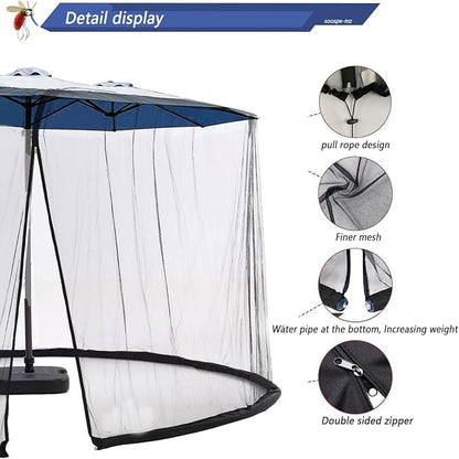 Mosquito Netting For 13/14/15FT Patio Umbrella Double-Sided, Screen Walls Zipper Double Door Black