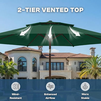 Outdoor Patio Umbrella, 2 Tiers Market Table Umbrella with 8 Sturdy Ribs, Push Button Tilt and Crank, UPF50+ UV Protection for Deck, Pool, Garden and Backyard