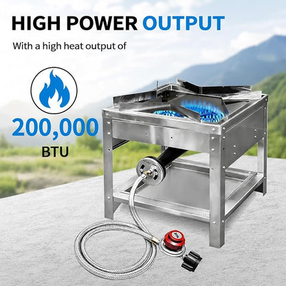 Stainless Steel Single Propane Burner – Outdoor Gas Cooker with 20 PSI Regulator, 200,000 BTU High-Power Portable Propane Stove for Outdoor Cooking, Turkey Frying, Seafood Boiling & More