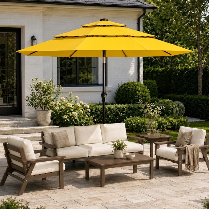 10ft Patio Umbrella, 3-Tier Vented Outdoor Table Umbrella with 8 Sturdy Fiberglass Ribs, Windproof Market Umbrella with Push Button Tilt and Crank, UV Protection for Deck, Pool, Sunshine Yellow