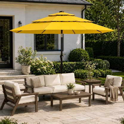 10ft Patio Umbrella, 3-Tier Vented Outdoor Table Umbrella with 8 Sturdy Fiberglass Ribs, Windproof Market Umbrella with Push Button Tilt and Crank, UV Protection for Deck, Pool, Sunshine Yellow