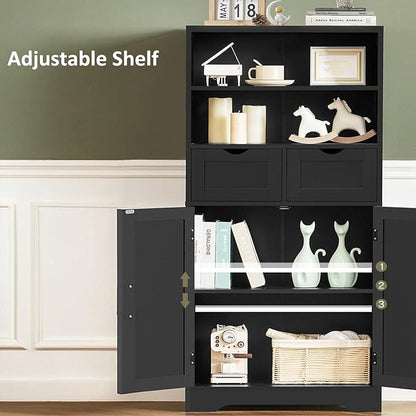 Storage Cabinet with Doors & 2 Drawers, Kitchen Cabinet with Adjustable Shelf, Pantry Cabinets, Bathroom Cabinets, for Living Room, Entryway, Home Office, Black
