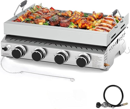 COWSAR 4-Burner Tabletop Propane Gas Griddle – 24-Inch Detachable Flat Top Grill with Handle, 32,000 BTU Portable Stainless Steel BBQ for Camping, Outdoors & Tailgating