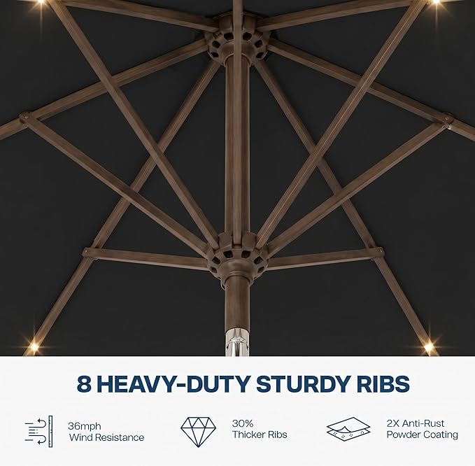 11FT Solar Patio Umbrella with Lights, Outdoor Table Market Umbrella with 32 LED Lights, 8 Sturdy Ribs, Smooth Crank Lift for Pool, Deck and Garden, UV-Resistant
