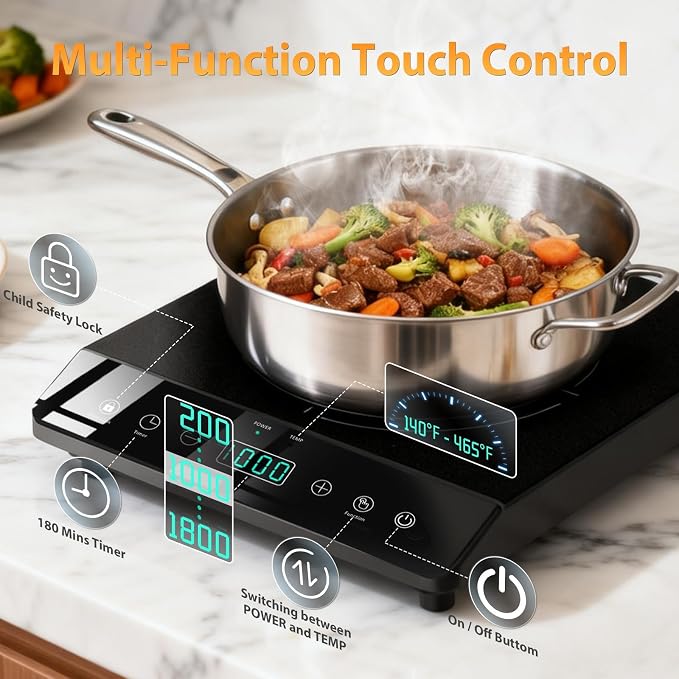 Portable Induction Cooktop Single Burner 1800W, Touch Control Plug in | ETL-Certified, 3 Hour Timer, 12 Temp From 140℉ to 465℉, Child Lock, Portable Countertop 110V Plug Design for Kitchen RV Dorm
