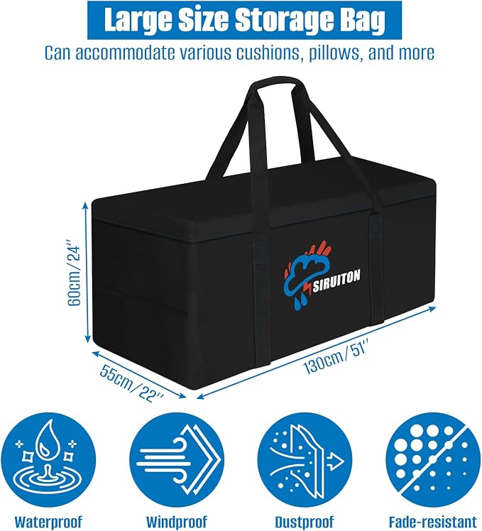 SIRUITON Cushion Storage Bag 600D Oxford,Waterproof,51.2" Lx21.7 Wx23.6 H | Heavy duty, rip proof, with handle & zipper, for patio & garden cushions, UV-resistant, all-weather protection