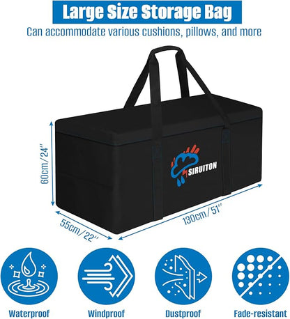 SIRUITON Cushion Storage Bag 600D Oxford,Waterproof,51.2" Lx21.7 Wx23.6 H | Heavy duty, rip proof, with handle & zipper, for patio & garden cushions, UV-resistant, all-weather protection