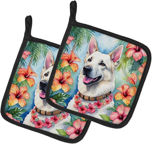 Caroline's Treasures White German Shepherd Luau Pair of Pot Holders Kitchen Heat Resistant Pot Holders Sets Oven Hot Pads for Cooking Baking BBQ, 7 1/2 x 7 1/2