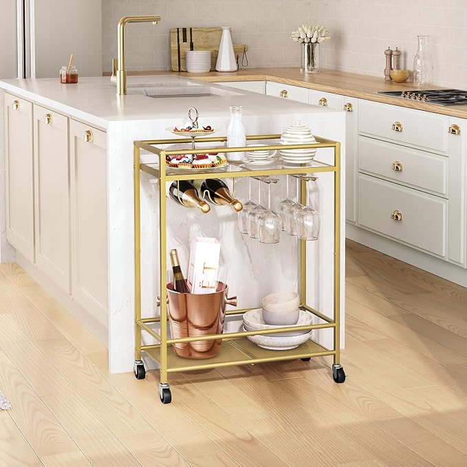 MAHANCRIS Gold Bar Cart, Beverage Cart with Wheels, Bar Cart for The Home, 2-Tier Drink Cart with Wine Rack and Glass Holder, Kitchen, Dining Room, Gold RCJ63B01ZN1