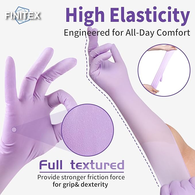 FINITEX Nitrile Disposable Latex-Free Gloves Purple - 5mil 100PCS Latex/Powder-Free 12inch Cleaning Medical Exam Food Glove