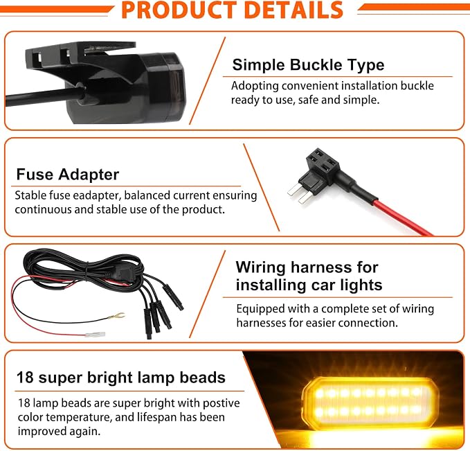 4PCS LED Grille Lights Yellow，Universal Clip-On Car Front,IP66 Smoked Lens,Compatible with Jeep Wrangler,Ford F150,Dodge Ram 1500,Toyota Tacoma