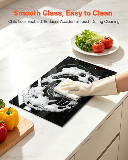 VEVOR Electric Cooktop 24inch 2 Burners Portable Stove Top 1800W 120V, Ceramic Countertop/Built-in Radiant Electric Stove, with 9 Power Levels, Timer, Child Lock, Over-Heat Guard, Touch Control