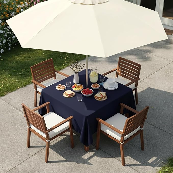 LUSHVIDA Square Outdoor Tablecloth with Umbrella Hole and Zipper, 54x54 Inch Navy, Washable Waterproof Table Cloth Spill Proof Wrinkle Free Table Cover for Patio Spring Summer Picnic BBQS