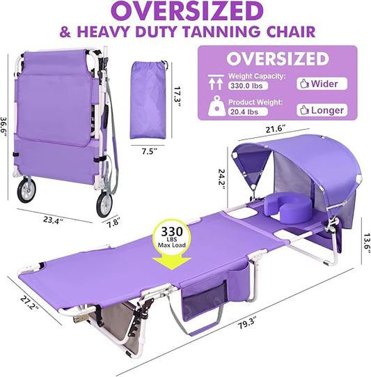Wheel-To-Go Oversized Tanning Chair with Face Hole & Wheels | Portable Heavy Duty Folding Lounge Chair | Outside Sunbathing Reading Relaxing Beach Poolside Lawn | XL Wide | 330 LBS (Patent Design)